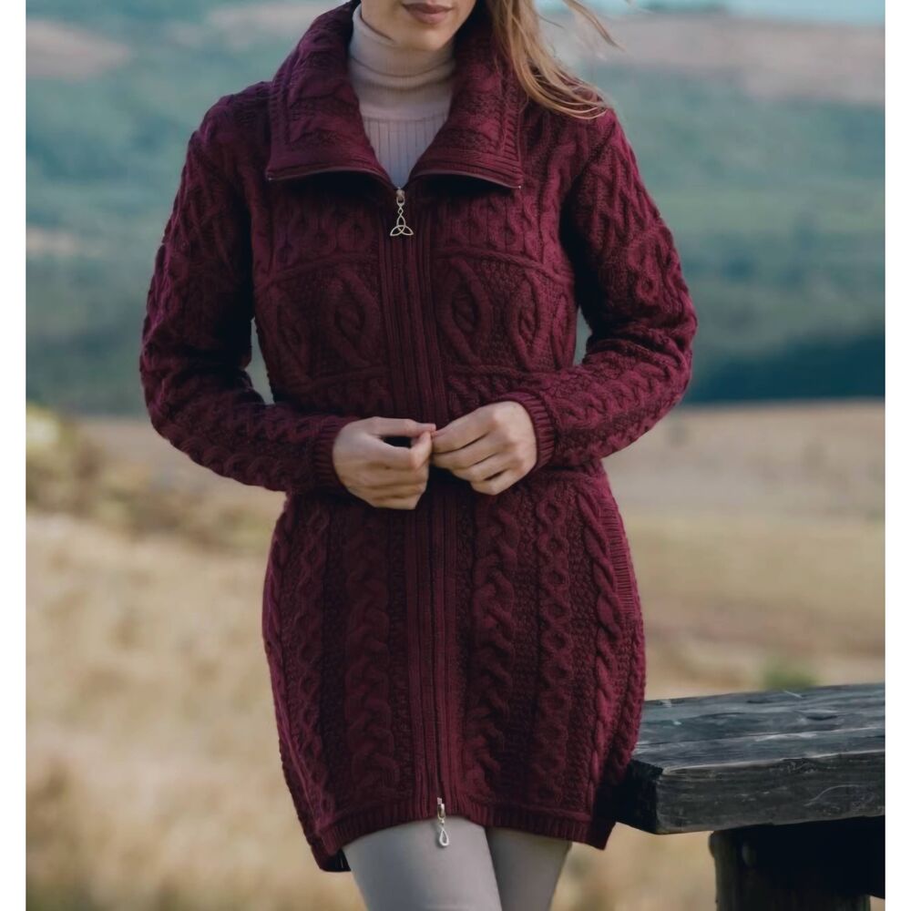 Inis Crafts Sweater Jacket Women's Small Wine Aran Fisherman Cable Wool Long